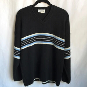 Glory US black V-neck sweater with blue and cream sporty stripes, M